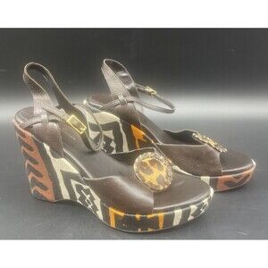 DIEGO DI LUCCA Brown Leather African Mud Cloth Print Wedge Sandals Size 7